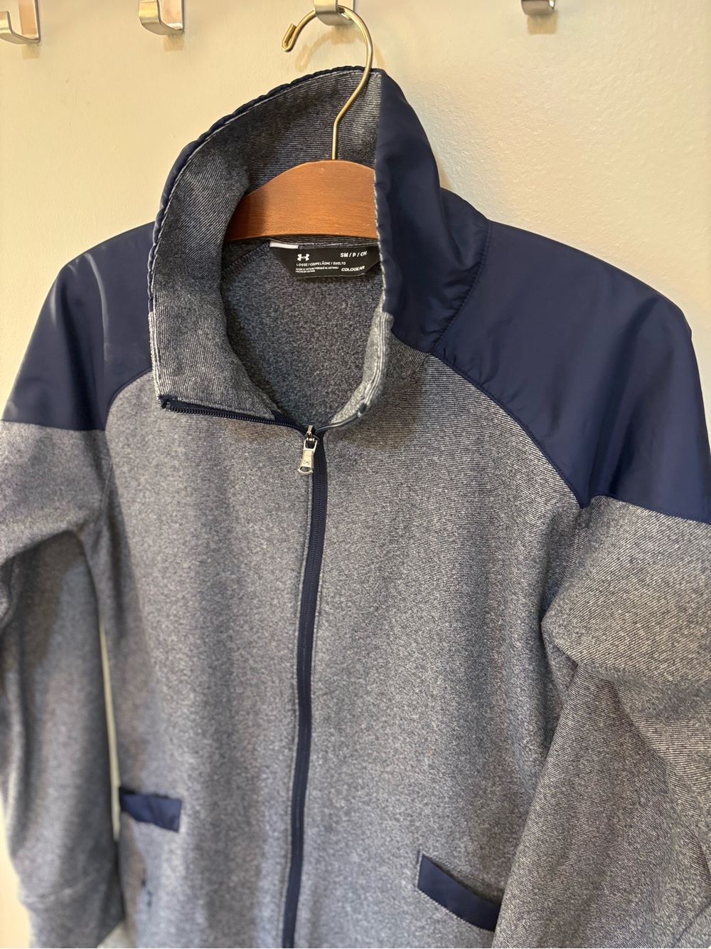 Under Armour ColdGear Fleece Hybrid Full Zip Jacket Blue Grey Stripes Womens S